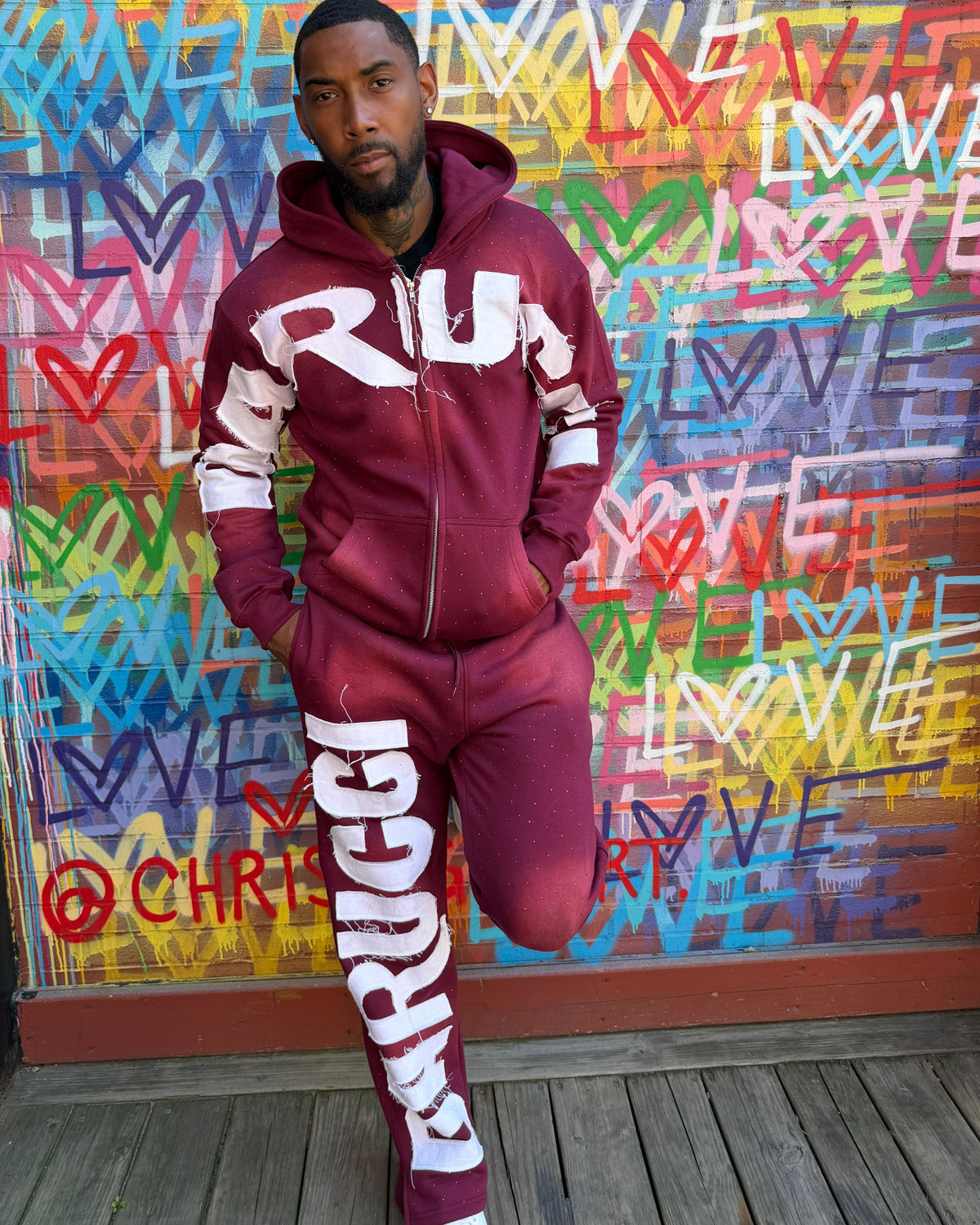 MEN TRACKSUITS- BURGUNDY/WHITE (RHINESTONES)