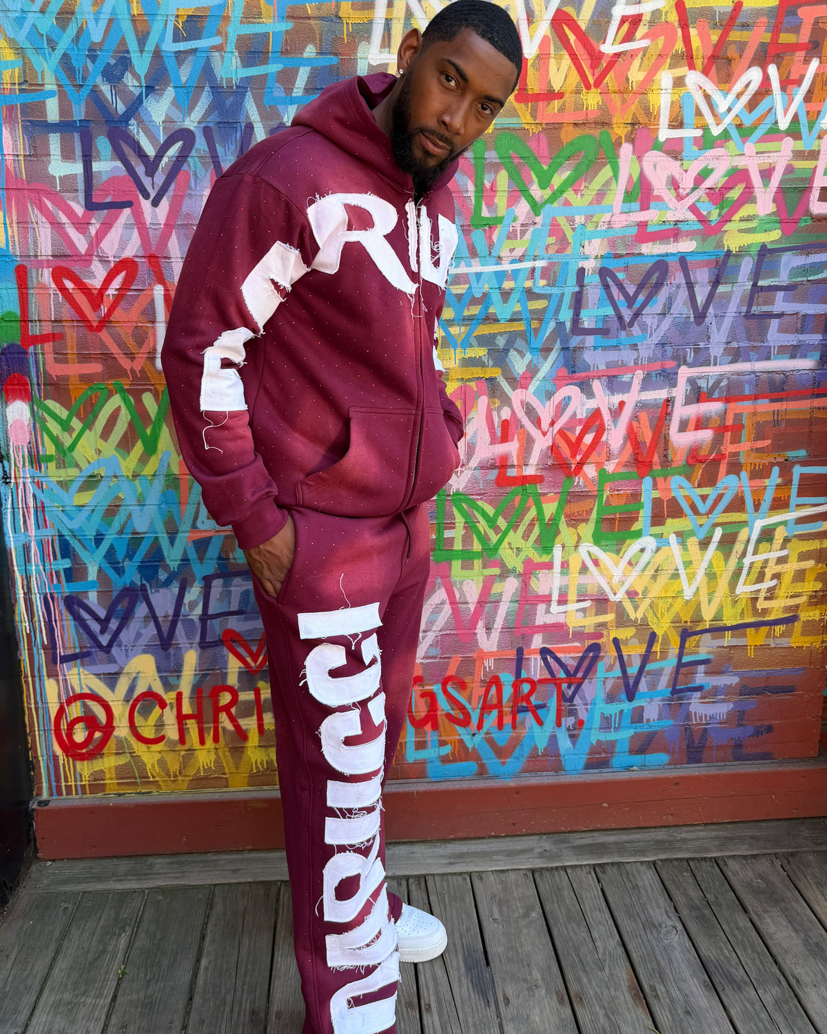 MEN TRACKSUITS- BURGUNDY/WHITE (RHINESTONES)
