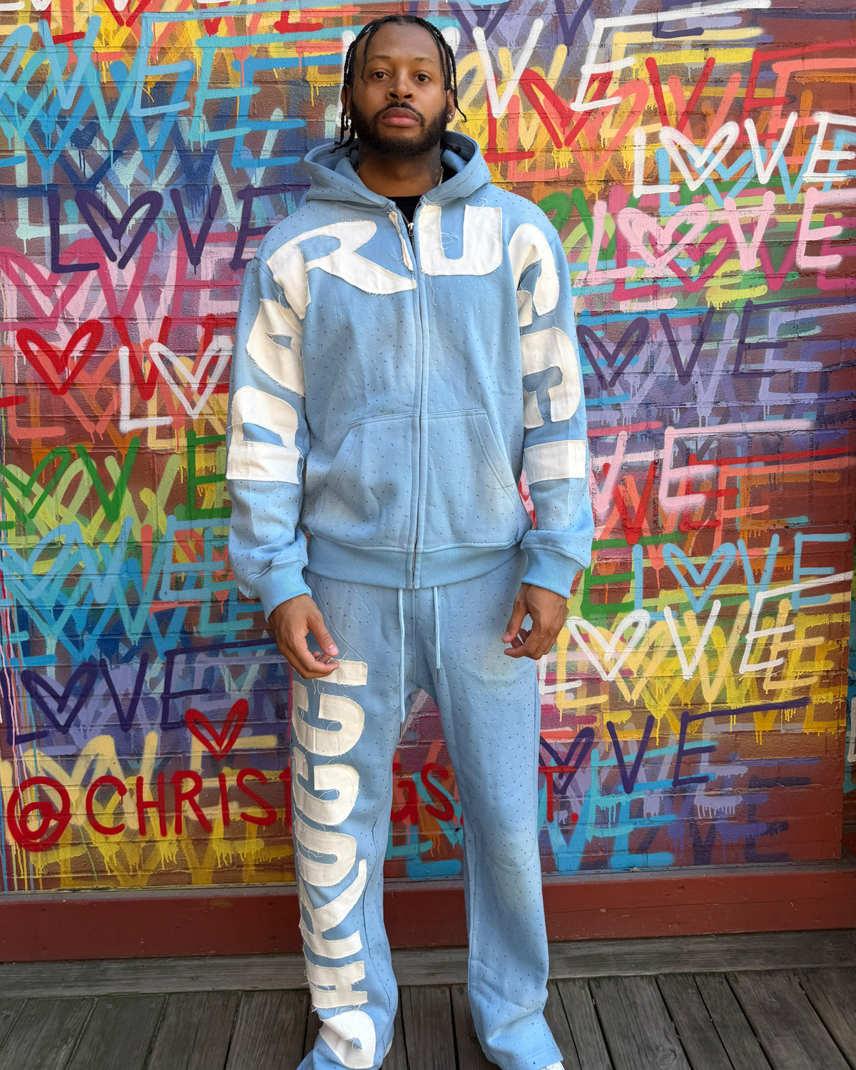 MEN TRACKSUITS- BABY BLUE/WHITE (RHINESTONES)
