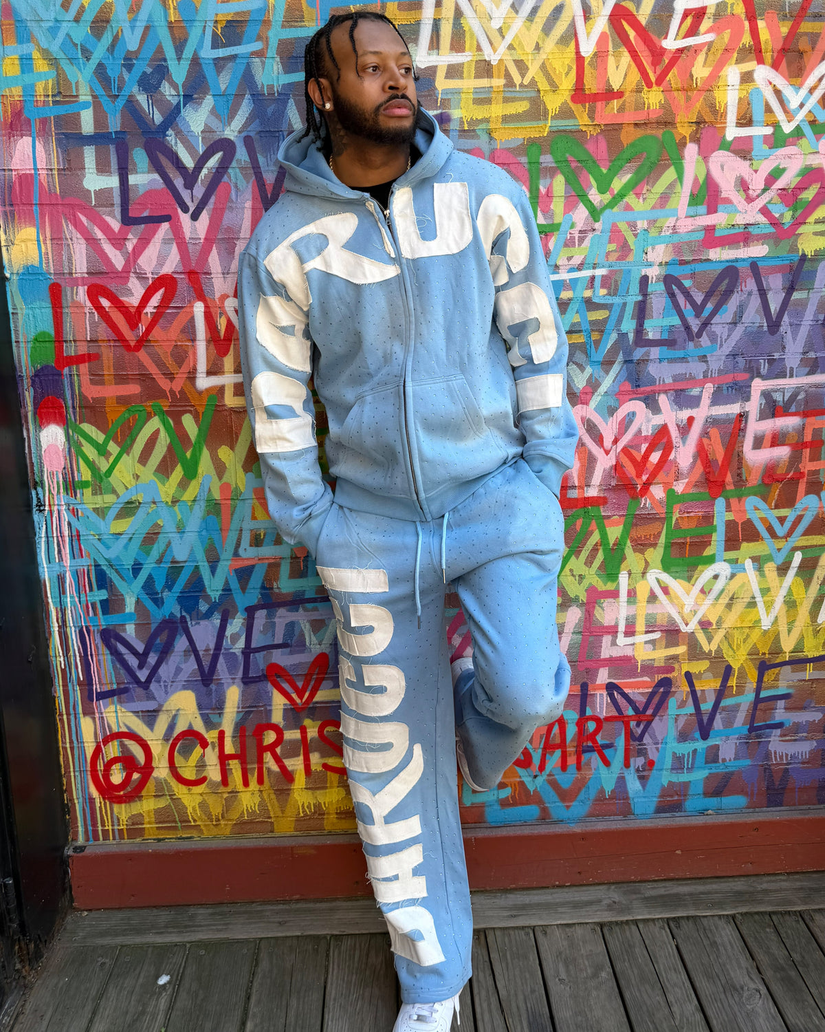 MEN TRACKSUITS- BABY BLUE/WHITE (RHINESTONES)