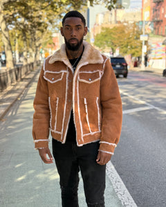 MEN SHEARLING-  COGNAC DENIM STYLE SHEARLING (FUR OUT)