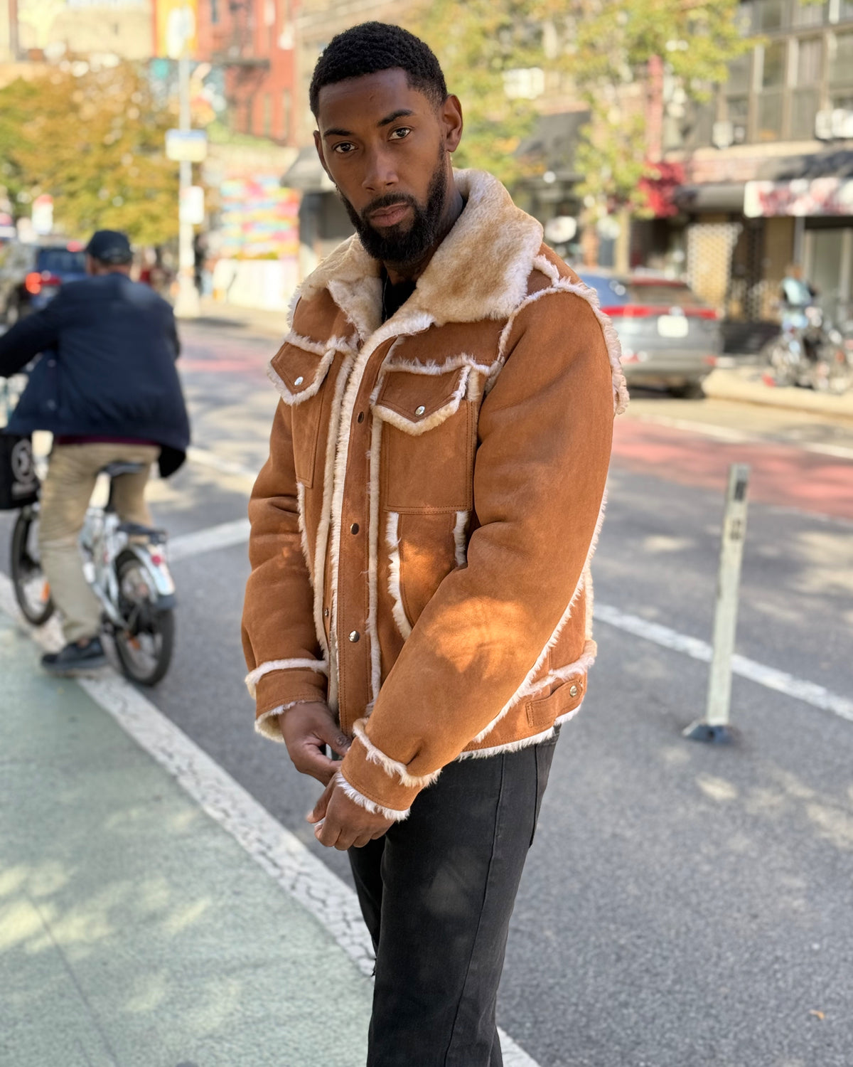 MEN SHEARLING-  COGNAC DENIM STYLE SHEARLING (FUR OUT)