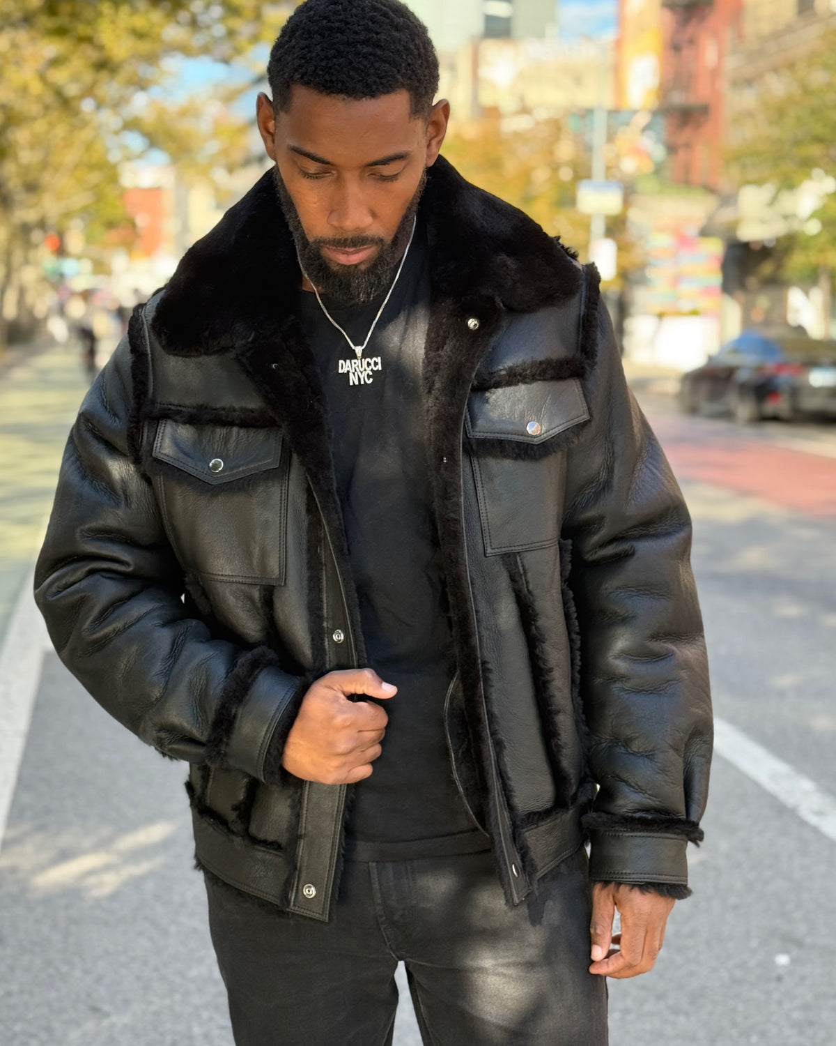 MEN SHEARLING-  BLACK DENIM STYLE SHEARLING (FUR OUT)