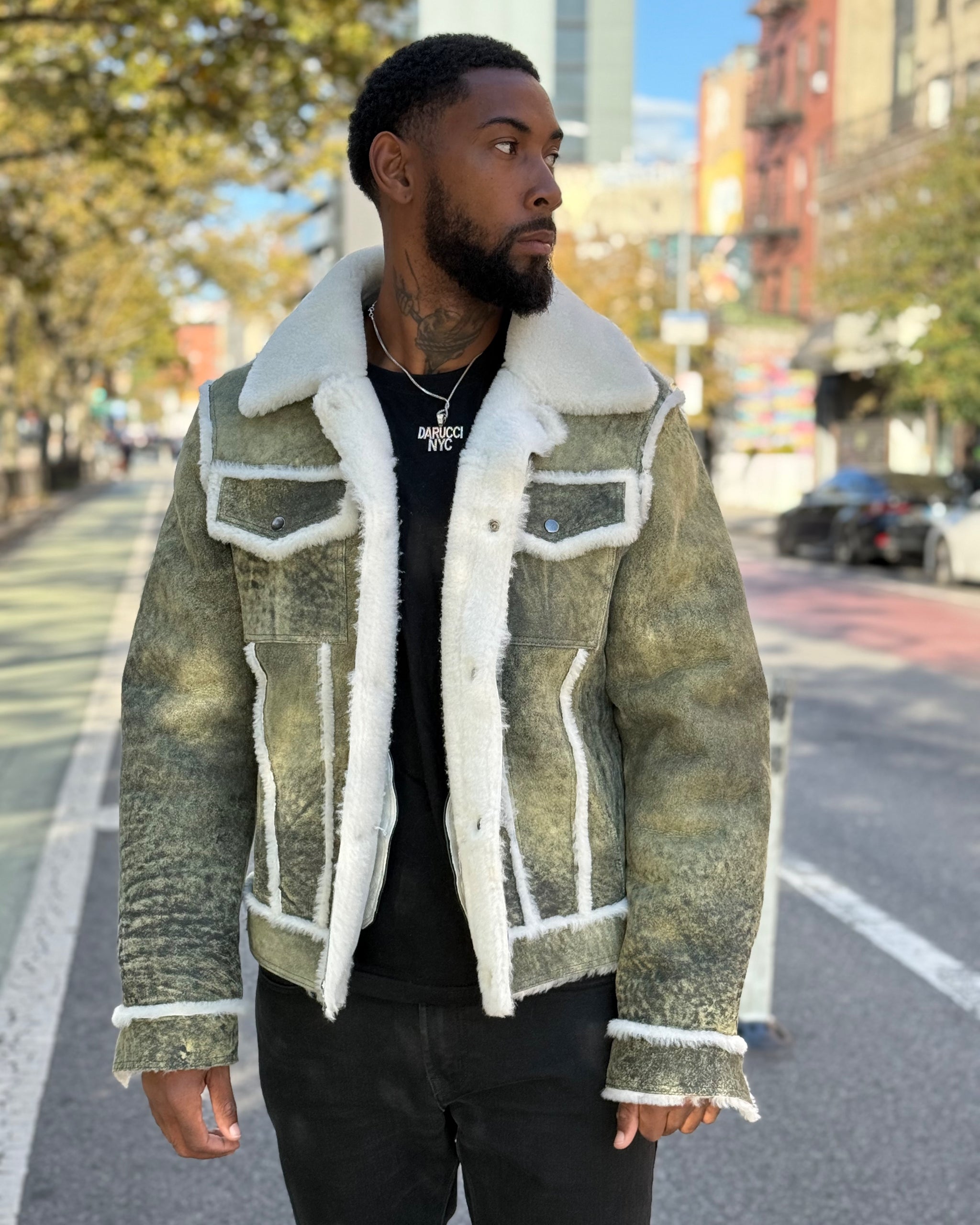MEN SHEARLING- DISTRESSED GREEN DENIM STYLE (FUR OUT) – DaRucci