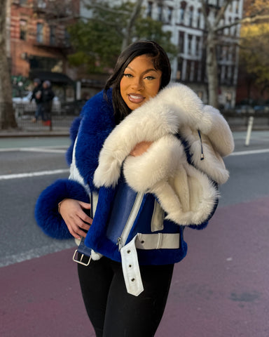 WOMEN SHEARLING- BLUE & WHITE BIKER STYLE WITH FOX FUR