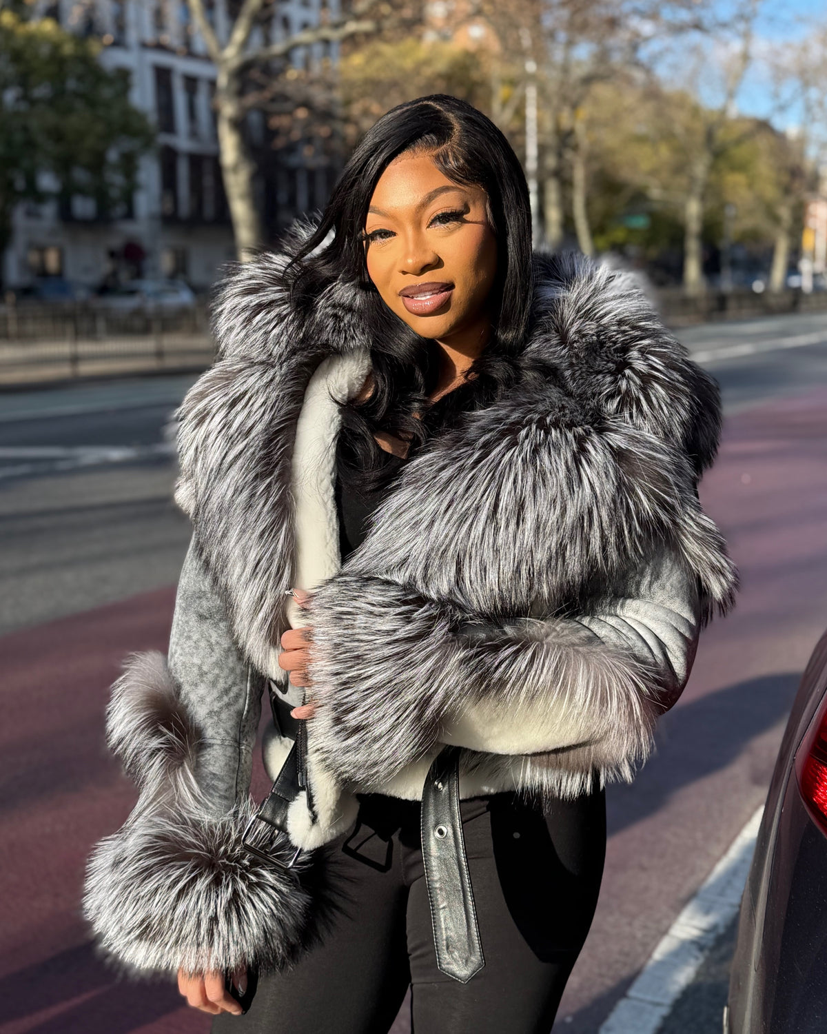 WOMEN SHEARLING- DISRESSTED GREY BIKER STYLE WITH SLIVER FOX HOOD