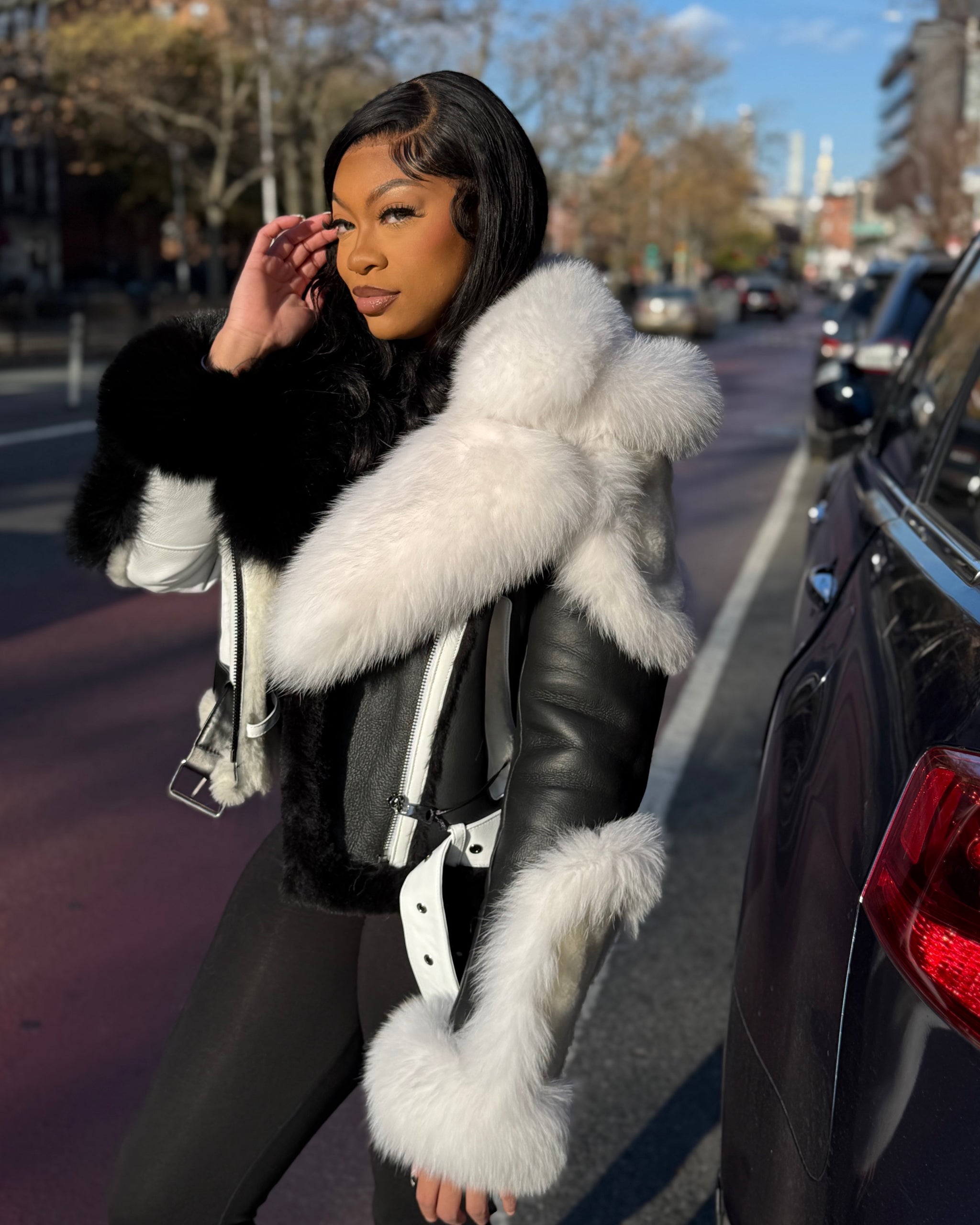 WOMEN SHEARLING- BLACK & WHITE BIKER STYLE WITH FOX FUR – DaRucci
