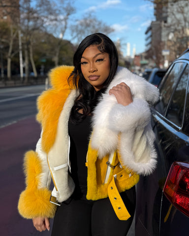 WOMEN SHEARLING- YELLOW & WHITE BIKER STYLE WITH FOX FUR