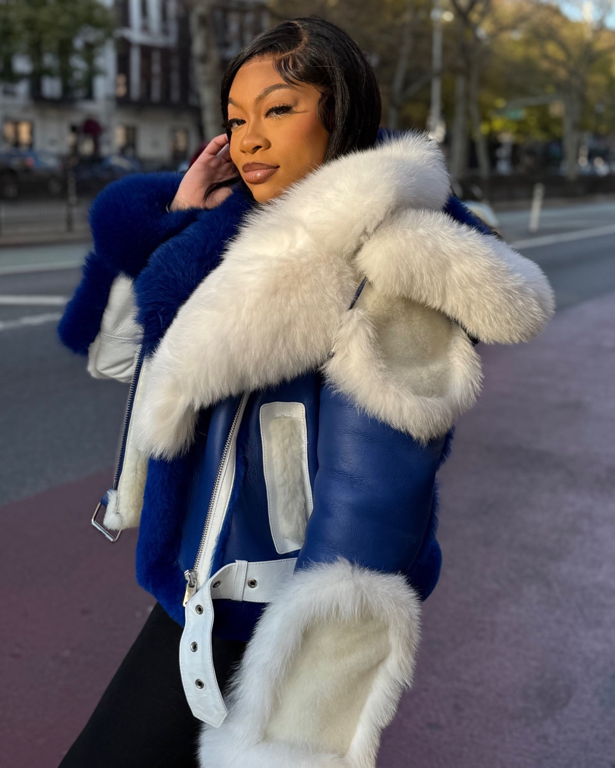 WOMEN SHEARLING- BLUE & WHITE BIKER STYLE WITH FOX FUR