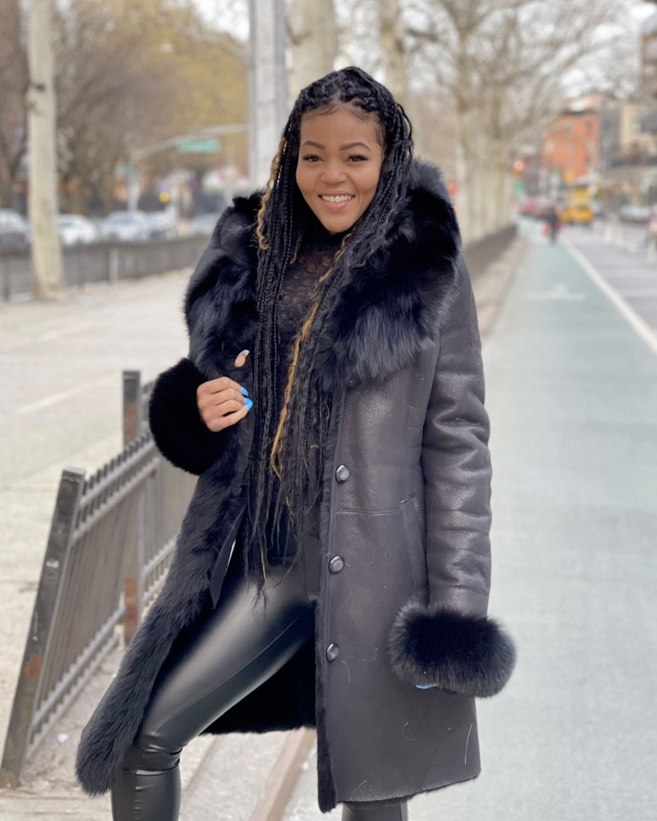 WOMEN SHEARLING- 3/4 LONG BLACK SHEARLING WITH BLACK FOX FUR