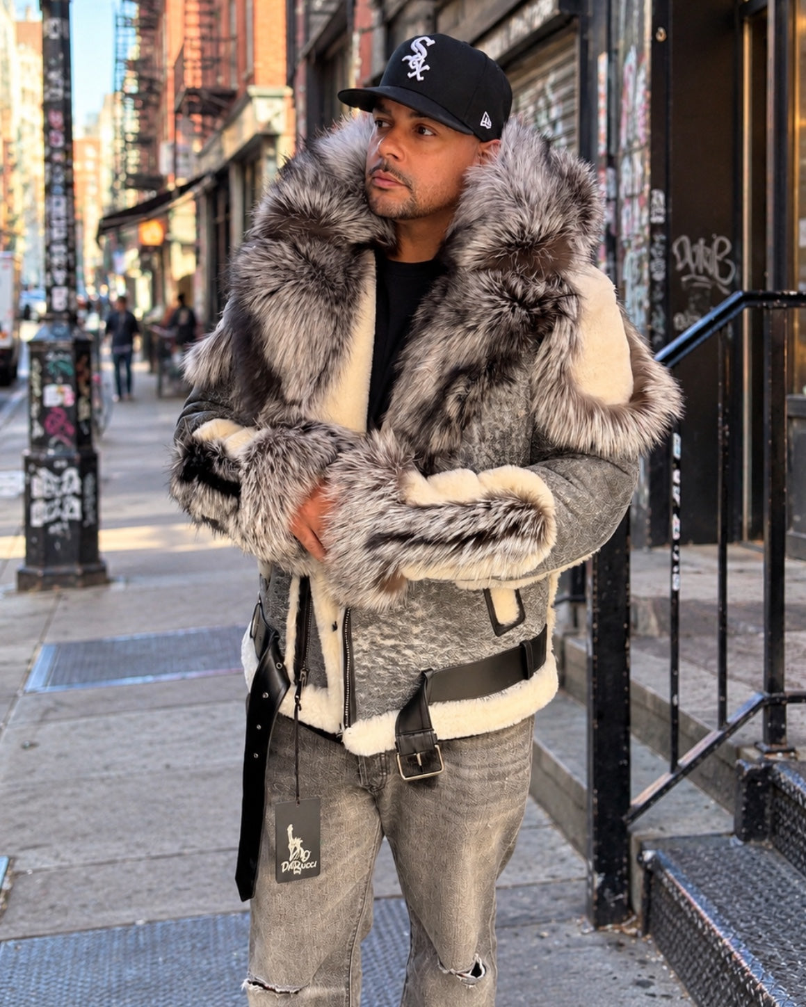 MEN SHEARLING- POWDER BLUE BIKER STYLE WITH FOX FUR & HOOD