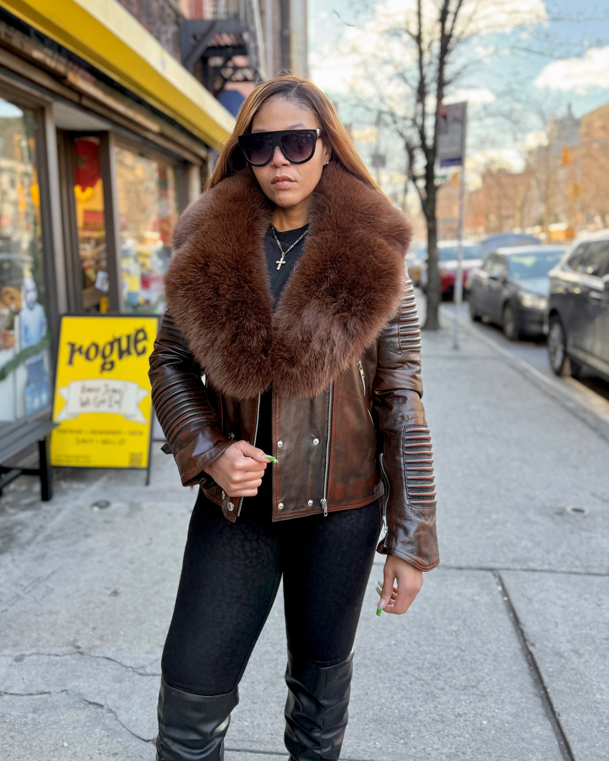 WOMEN LEATHER- WAX BROWN BIKER RIBBLES WITH BROWN FOX FUR