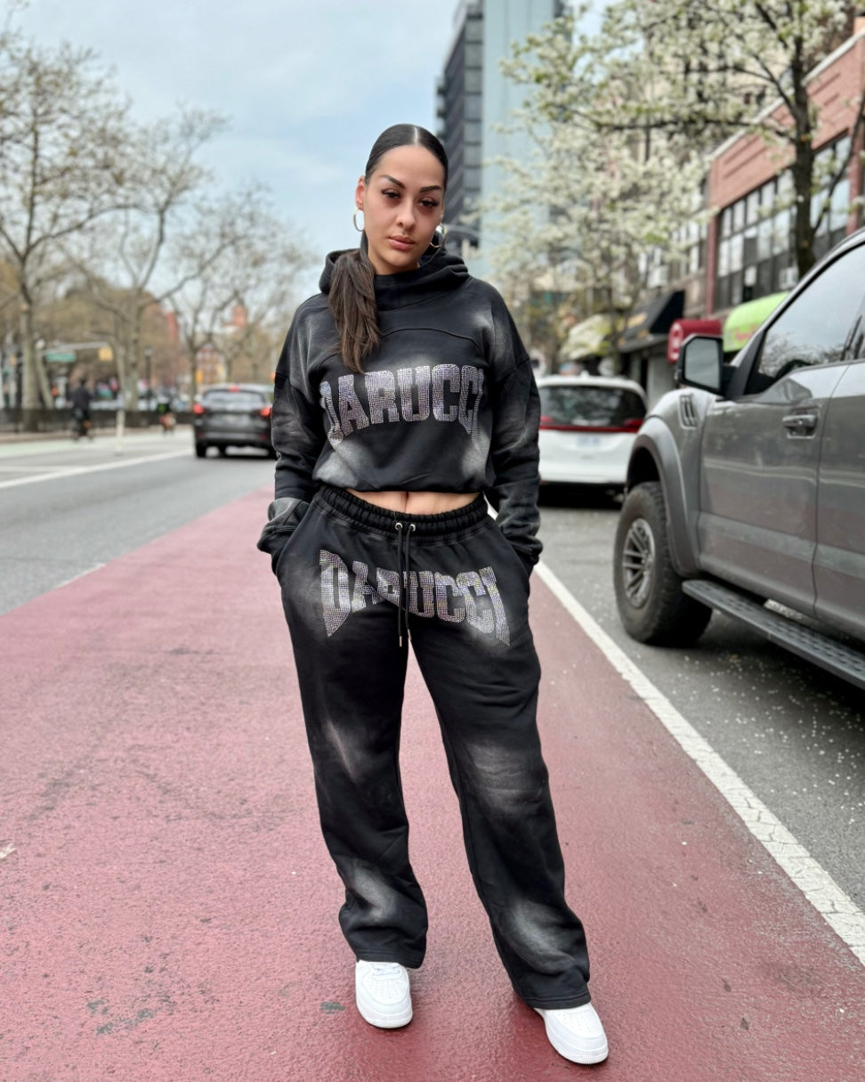 WOMEN TRACKSUITS- BLACK WITH RHINO STONES
