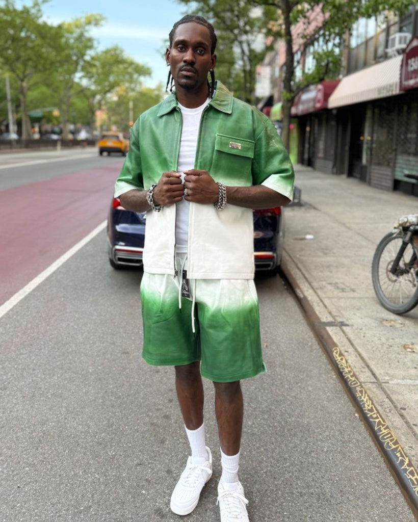 LEATHER SHIRT & SHORTS- GREEN & WHITE