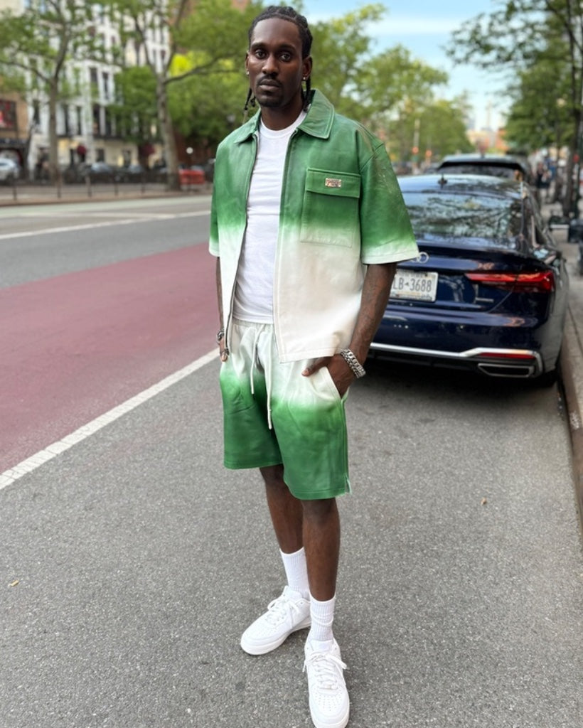 LEATHER SHIRT & SHORTS- GREEN & WHITE