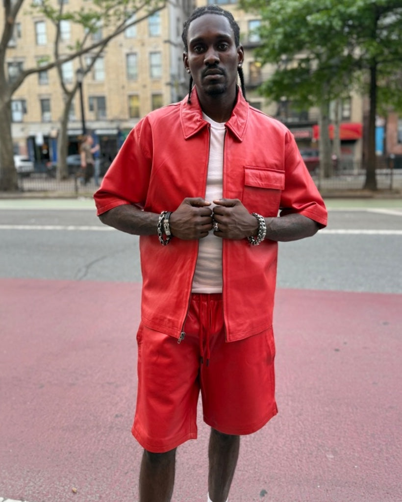 LEATHER SHIRT & SHORTS- RED