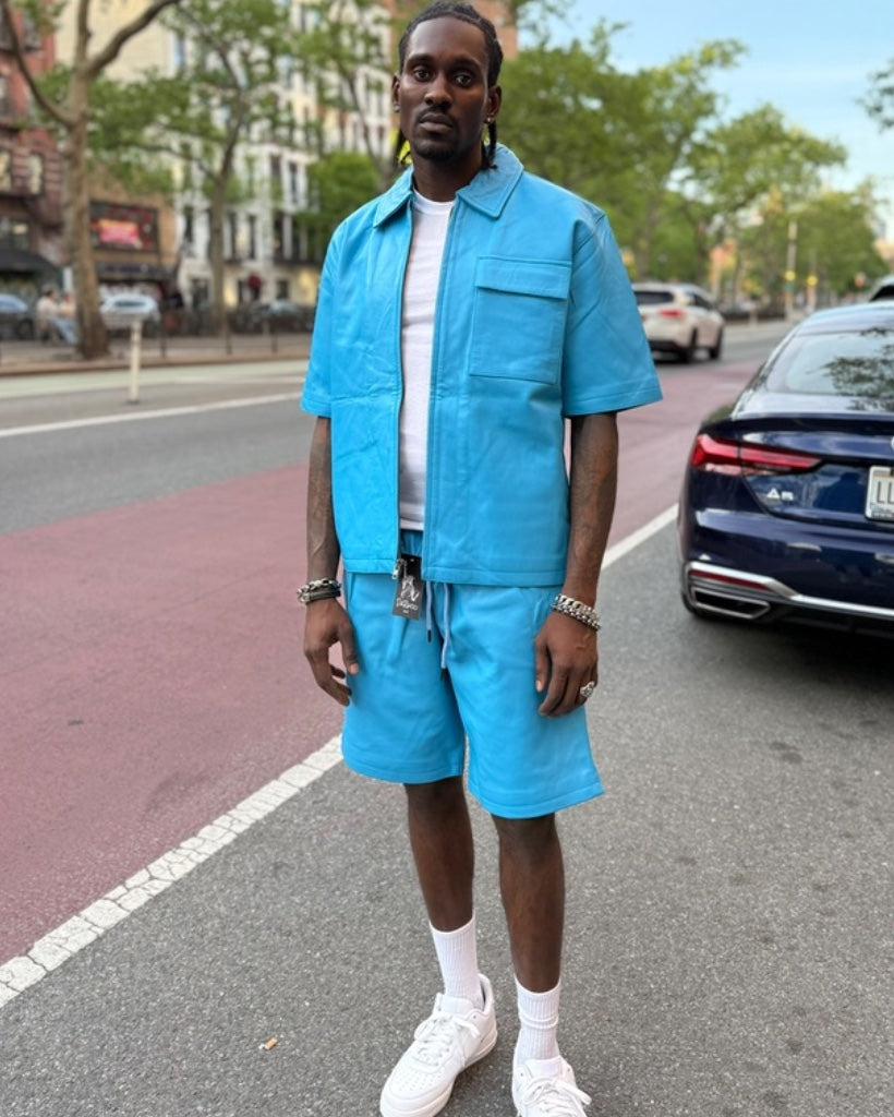 LEATHER SHIRT & SHORTS- SKY BLUE
