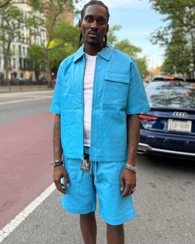 LEATHER SHIRT & SHORTS- SKY BLUE