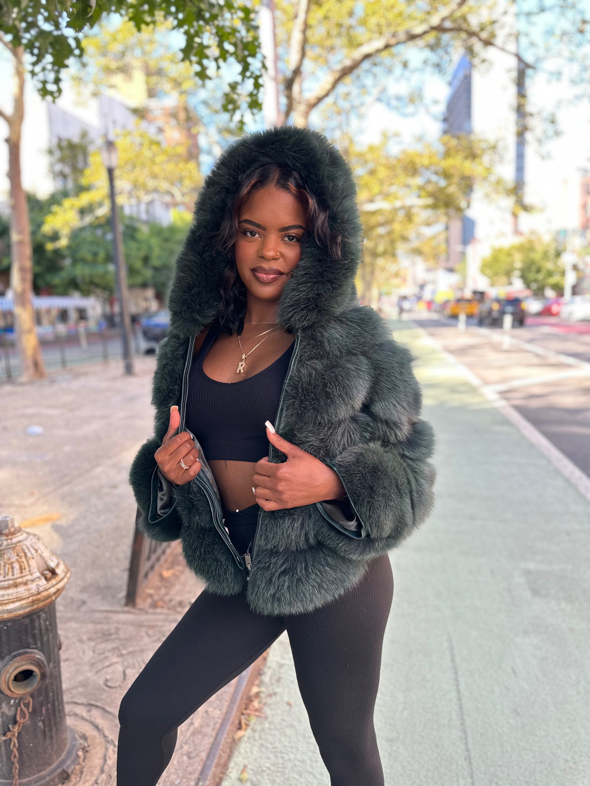 WOMEN 3 IN 1 WAIST LENGTH FOX FUR- MONEY GREEN