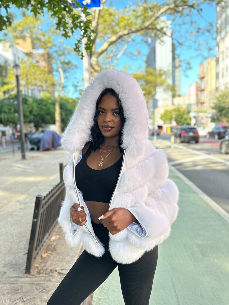 Womens Jacket Down Coat Fox Fur Hood Fox Fur Waist Length Coat