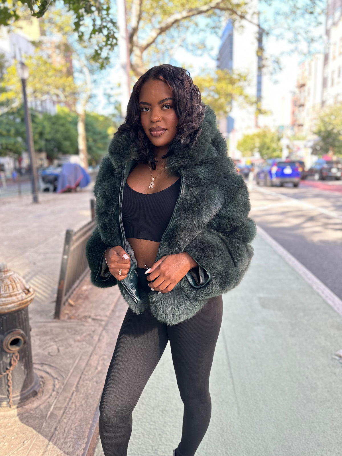 WOMEN 3 IN 1 WAIST LENGTH FOX FUR- MONEY GREEN