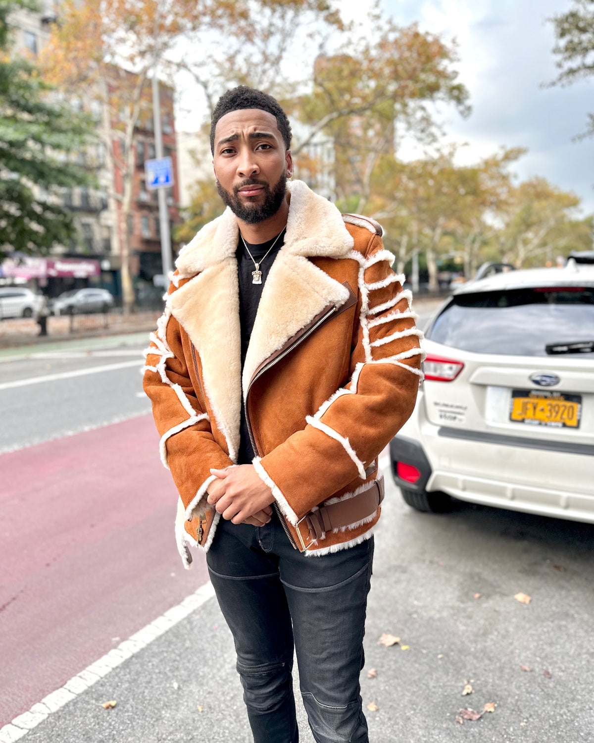MEN SHEARLING- HONEY COLOR BIKER SHEARLING WITH FUR RIBBLES
