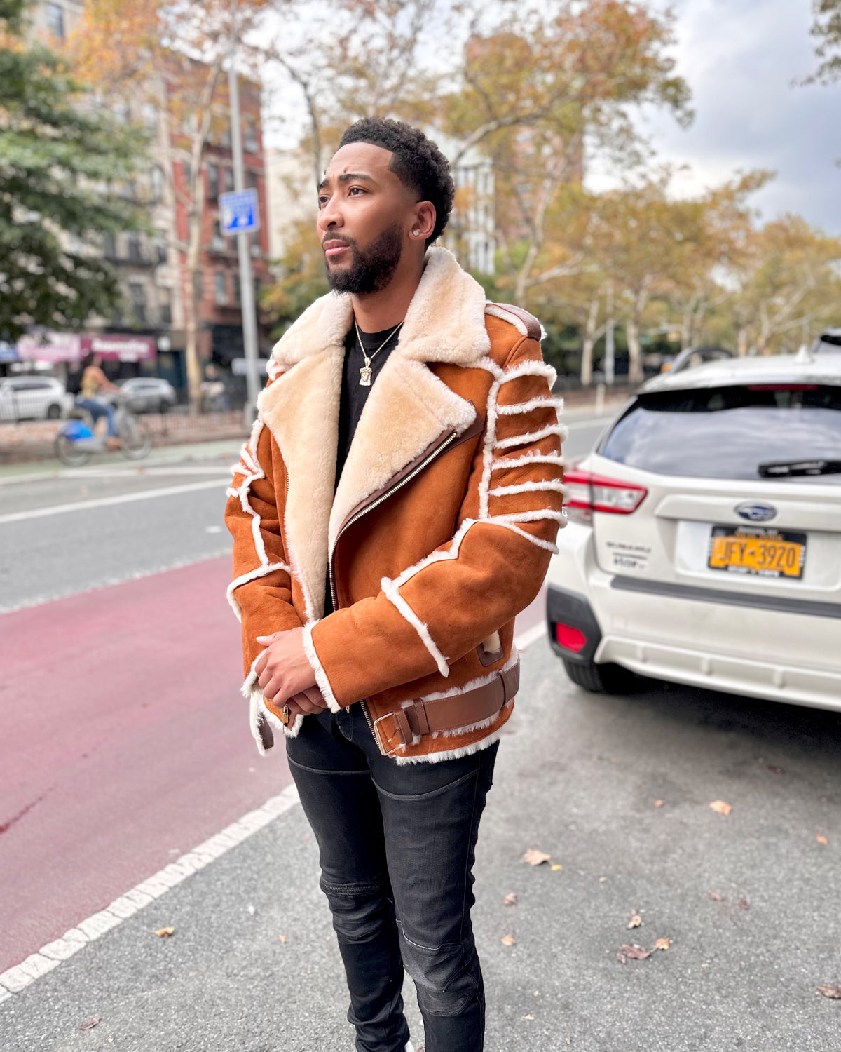 MEN SHEARLING- HONEY COLOR BIKER SHEARLING WITH FUR RIBBLES