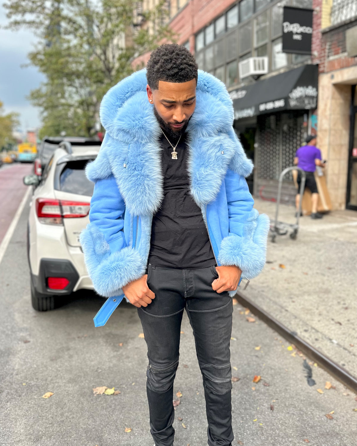 MEN SHEARLING- POWDER BLUE BIKER STYLE WITH FOX FUR & HOOD