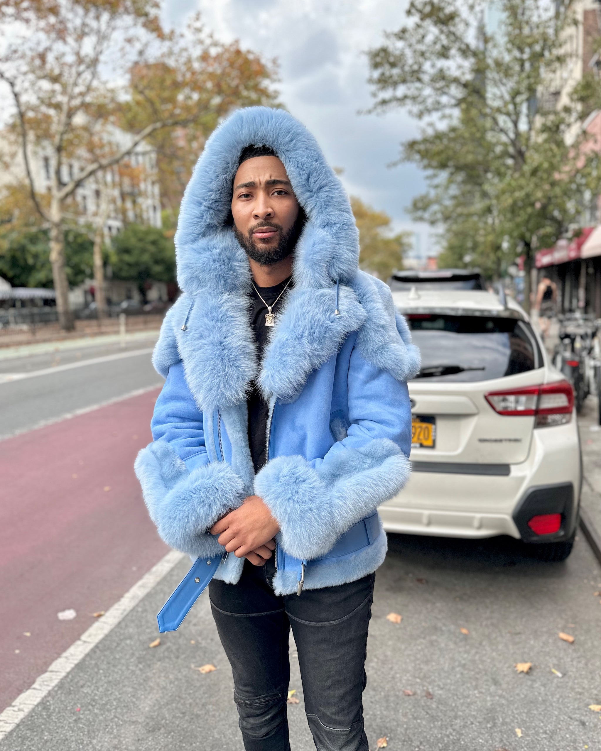 MEN SHEARLING- POWDER BLUE BIKER STYLE WITH FOX FUR & HOOD