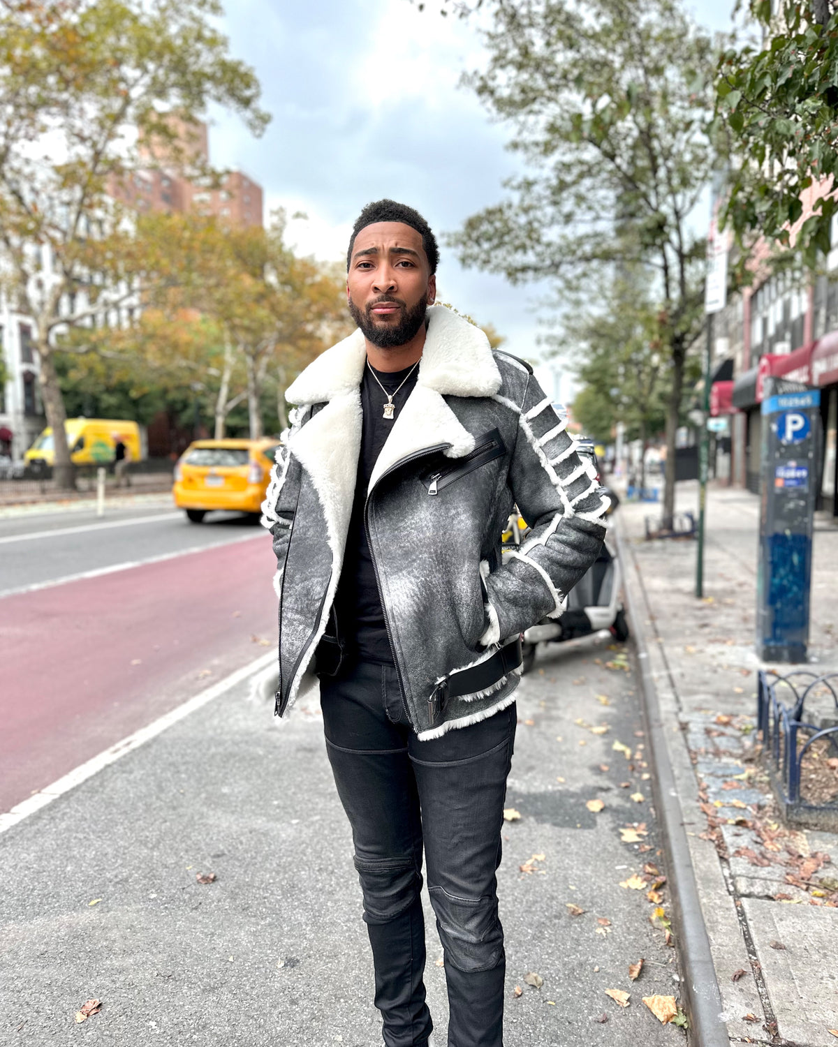 MEN SHEARLING- DISTRESSED GREY BIKER SHEARLING WITH FUR RIBBLES