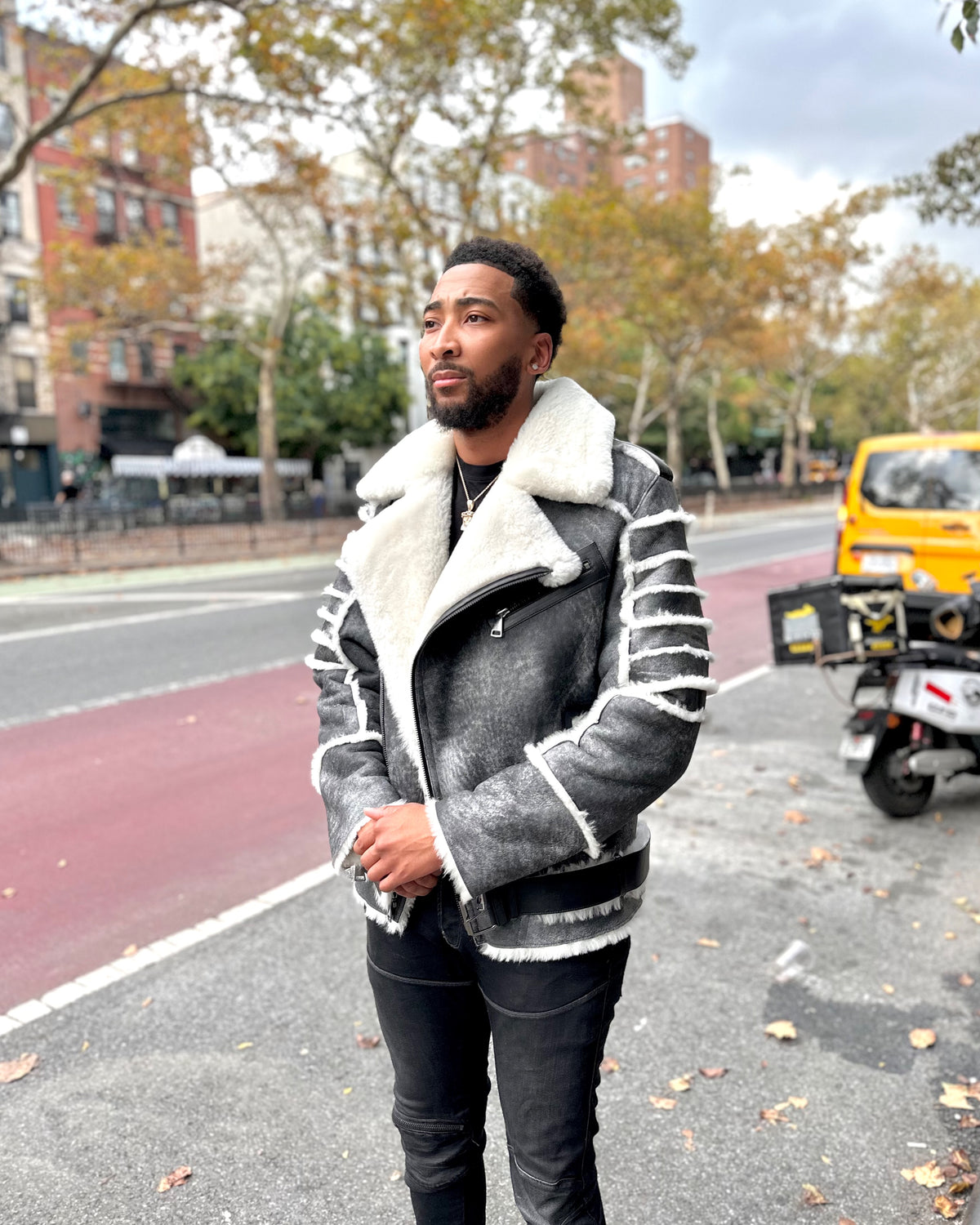 MEN SHEARLING- DISTRESSED GREY BIKER SHEARLING WITH FUR RIBBLES