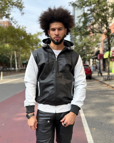 MEN LEATHER HOODIE- MULTI COLOR BLACK & WHITE