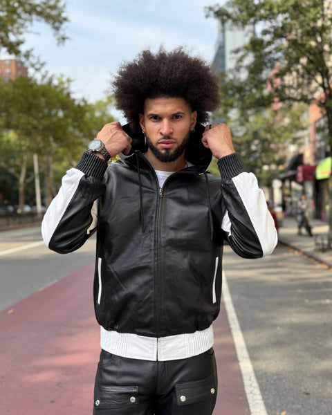 MEN LEATHER HOODIE- MULTI COLOR BLACK & WHITE