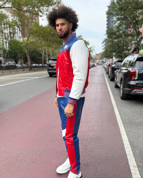 MEN LEATHER SUIT- MULTI COLOR BLUE, RED & WHITE