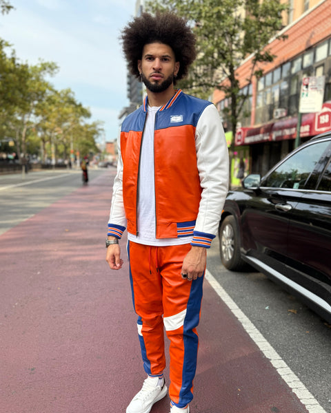 MEN LEATHER SUIT- MULTI COLOR ORANGE, BLUE & WHITE