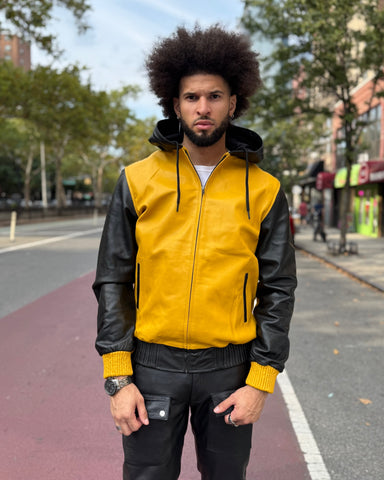 MEN LEATHER HOODIE- MULTI COLOR YELLOW & BLACK