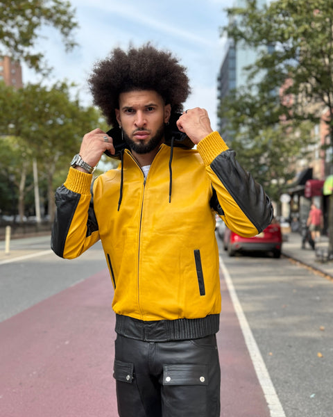 MEN LEATHER HOODIE- MULTI COLOR YELLOW & BLACK