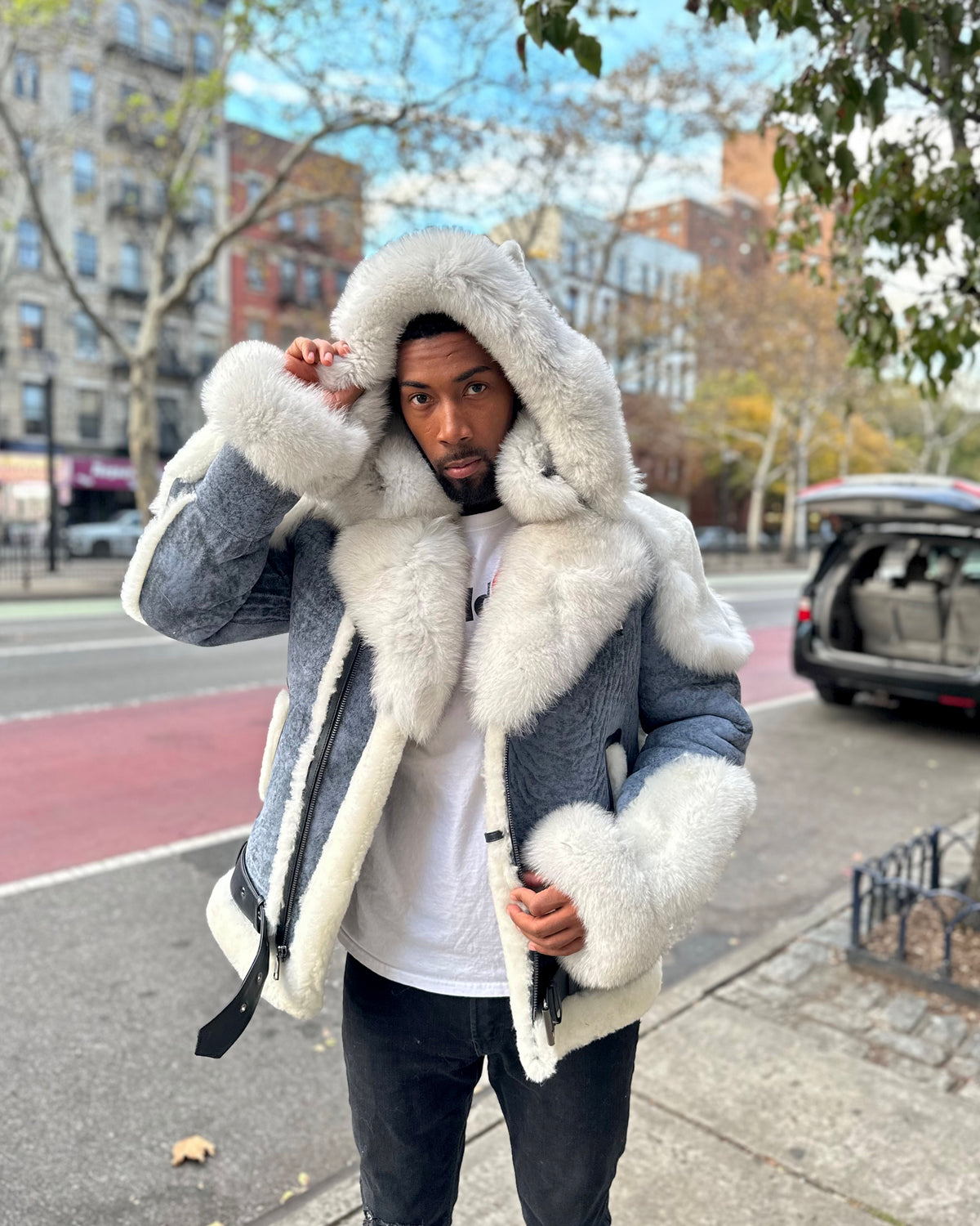 MEN SHEARLING- DISTRESSED DENIM  BIKER STYLE WITH WHITE FOX