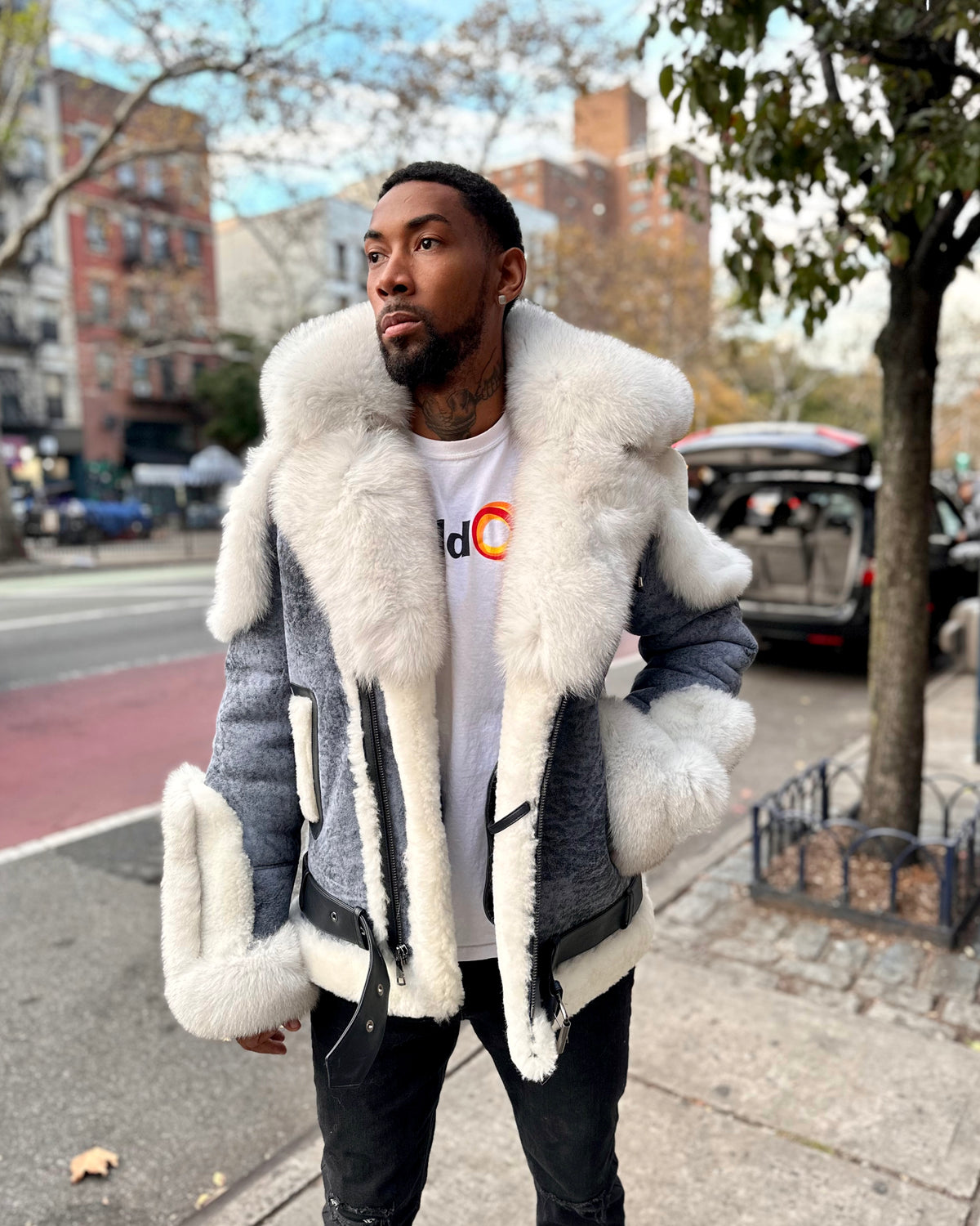 MEN SHEARLING- DISTRESSED DENIM  BIKER STYLE WITH WHITE FOX