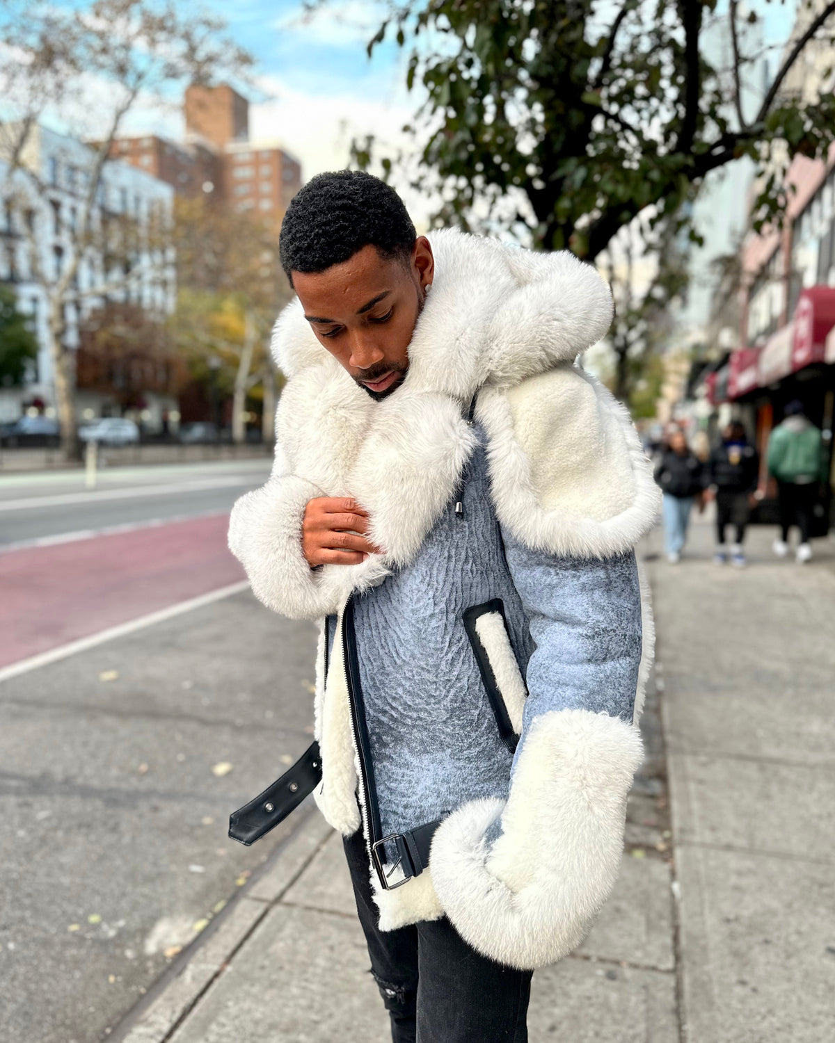 MEN SHEARLING- DISTRESSED DENIM  BIKER STYLE WITH WHITE FOX