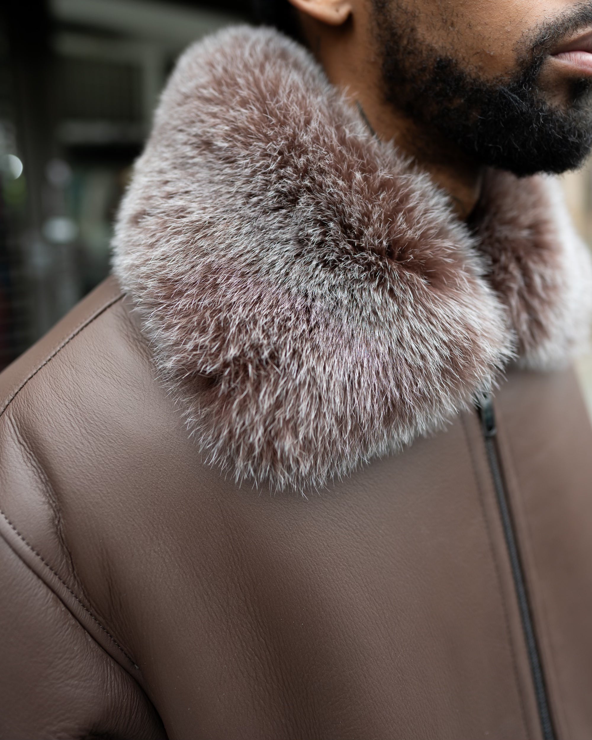MEN SHEARLING- BROWN BRISA BASEBALL STYLE BOMBER WITH FOX FUR