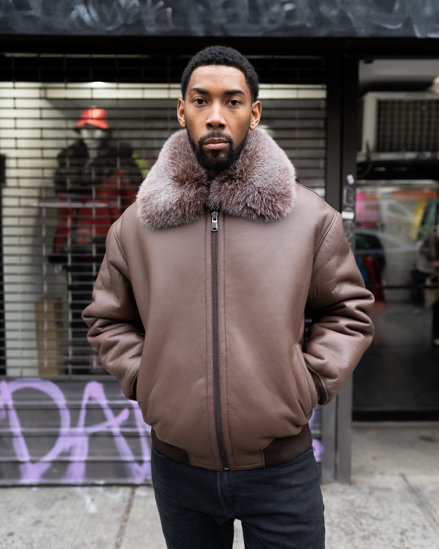 MEN SHEARLING- BROWN BRISA BASEBALL STYLE BOMBER WITH FOX FUR