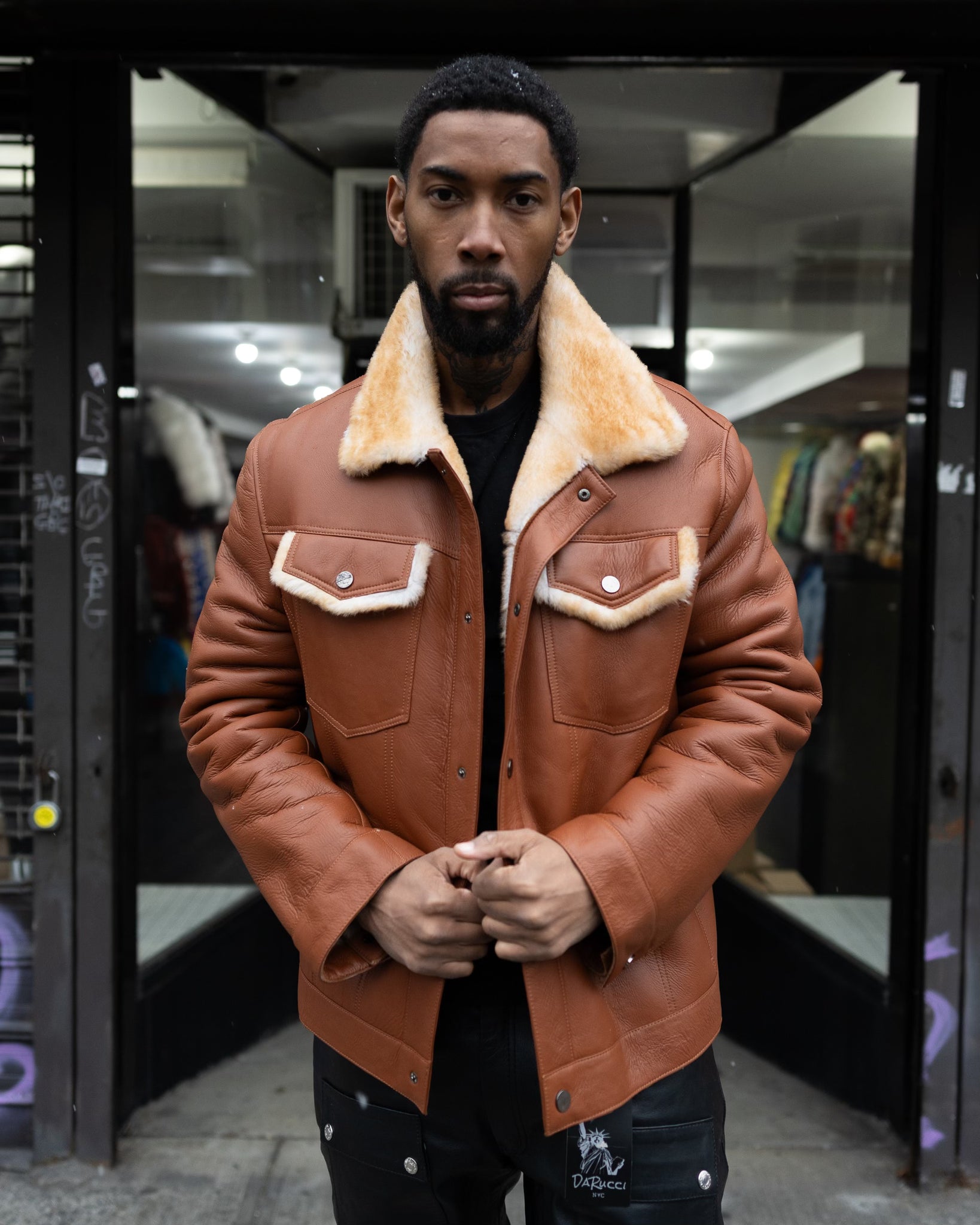 Denim shearling jacket mens best sale