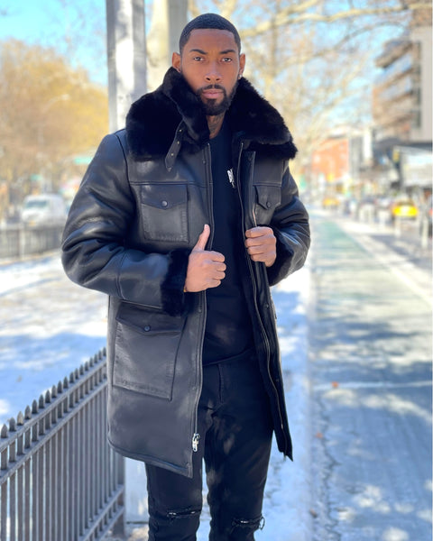 MEN SHEARLING- BLACK 3/4 TRENCH WITH POCKET