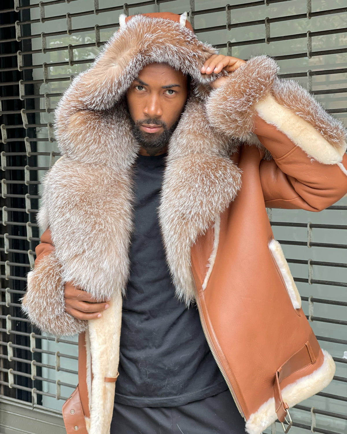 MEN SHEARLING- COGNAC BROWN BIKER STYLE WITH CRYSTAL FOX FUR & HOOD