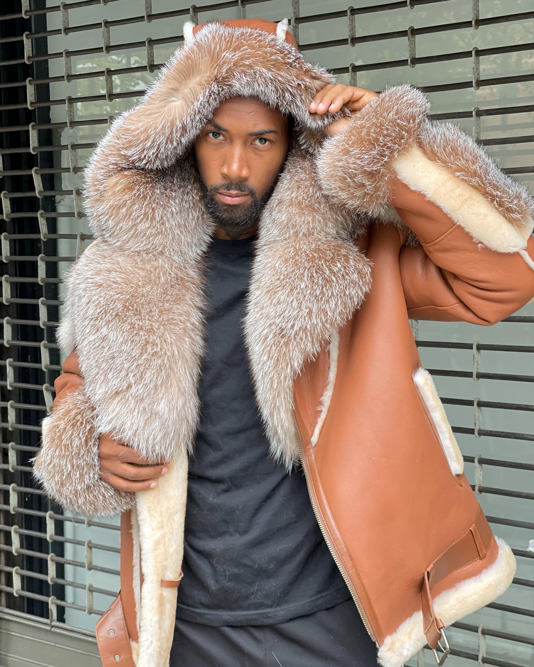 MEN SHEARLING- COGNAC BROWN BIKER STYLE WITH CRYSTAL FOX FUR