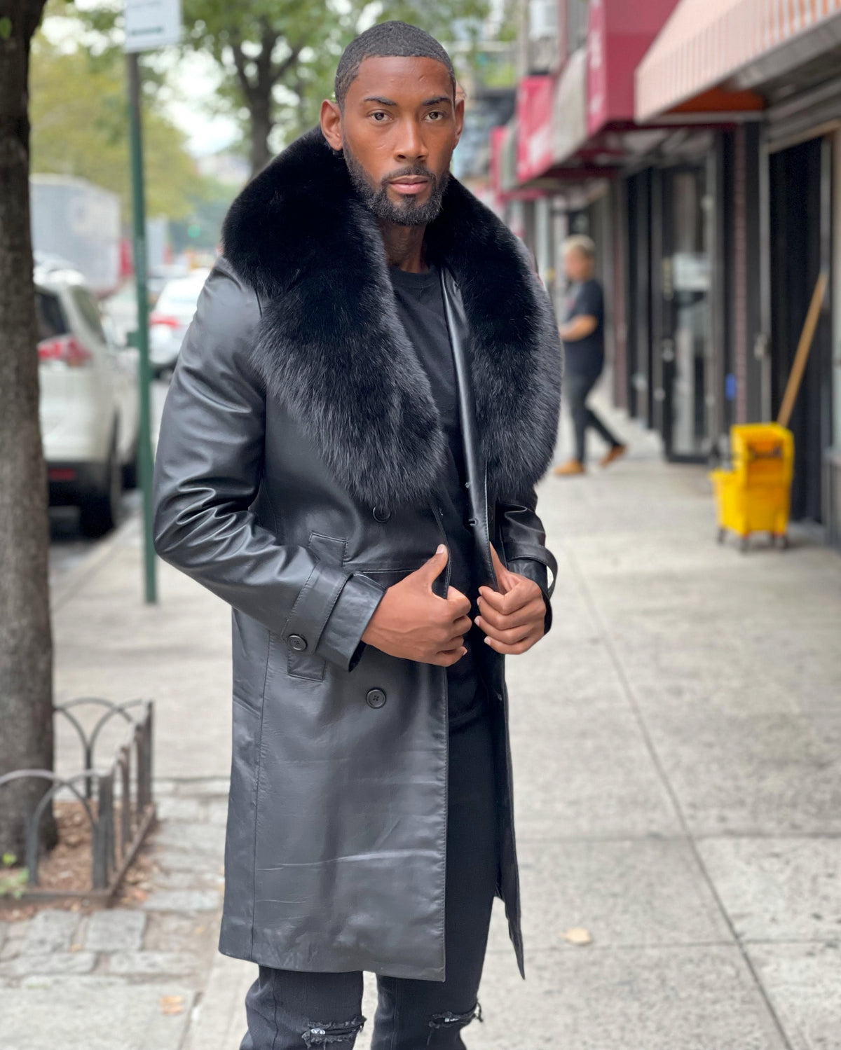 MEN LEATHER TRENCH 3/4 PEACOAT-  BLACK WITH BLACK FOX