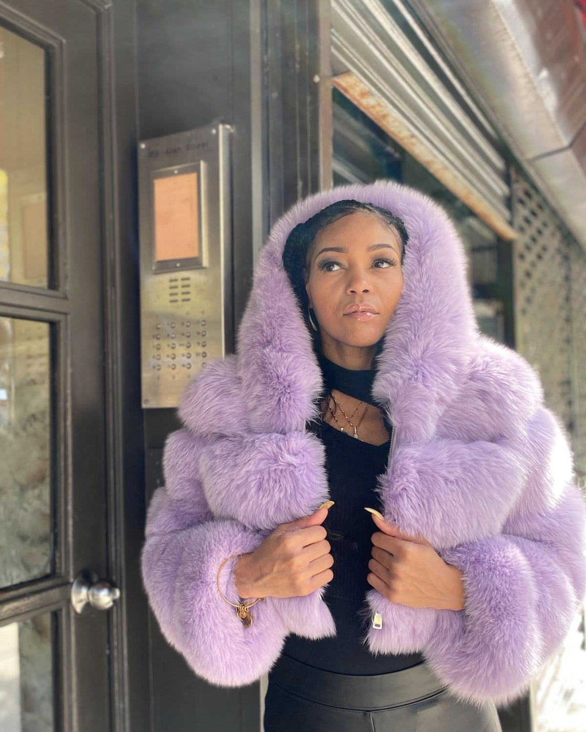 WOMEN CROP TOP- PURPLE FOX FUR WITH HOOD