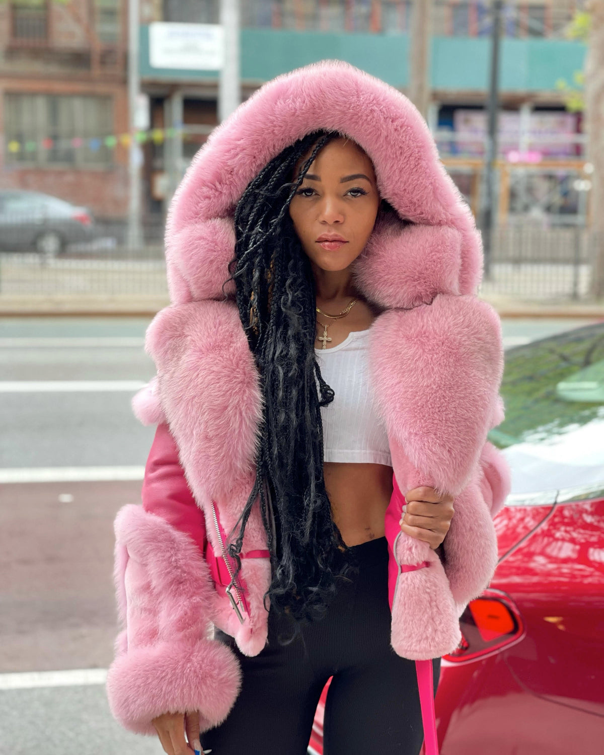 WOMEN SHEARLING- PINK BIKER STYLE WITH PINK FOX HOOD