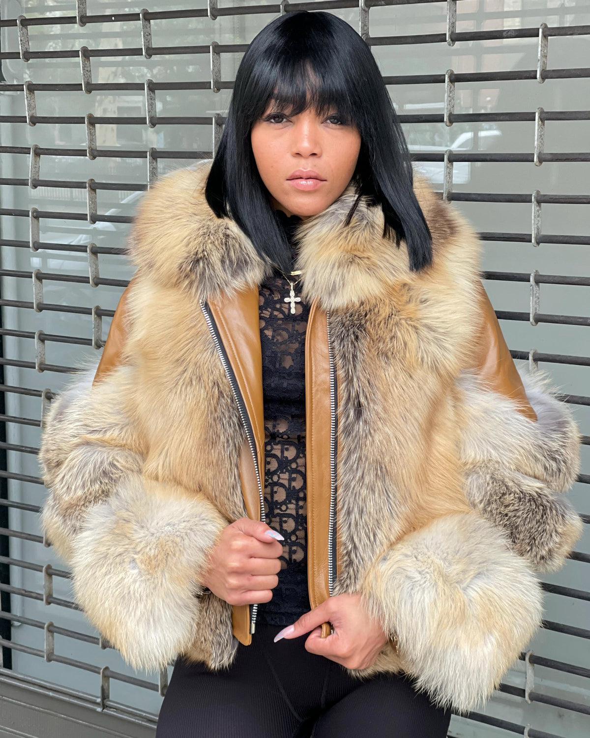 WOMEN MOTO- TAN MOTO WITH GOLD FOX FUR TRIMMING